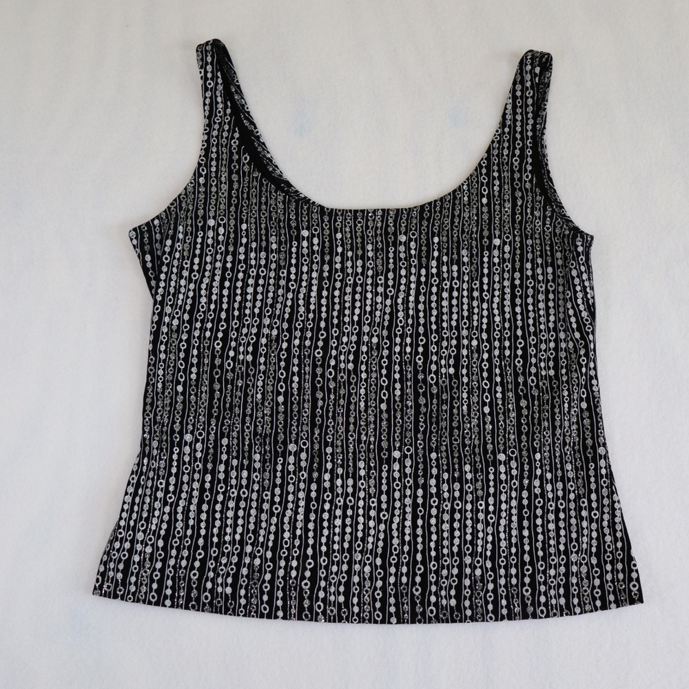Alex Evenings Y2K Glitter Tank Top Women's Large Black Silver Party Metallic